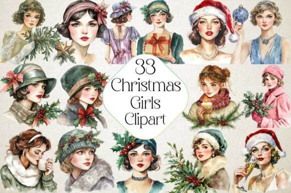 1920 Coquette Christmas Girls Clipart & Illustrations