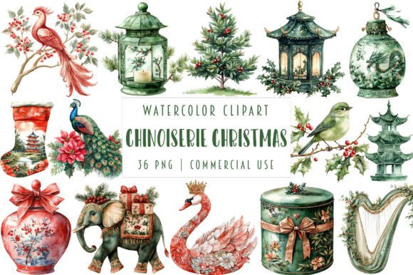 Chinoiserie Red Green Christmas Illustrations Review