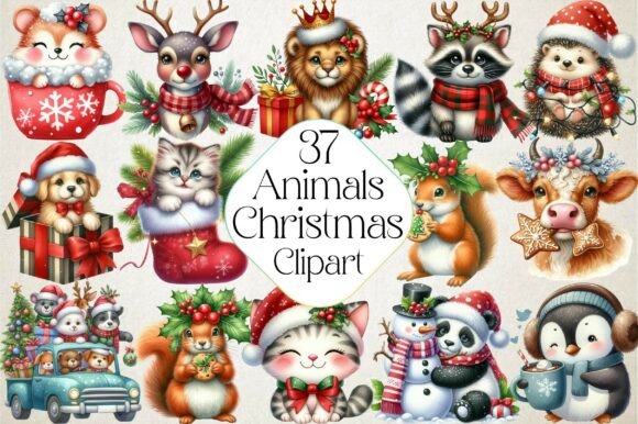 Christmas Cute Animals Clipart PNG & Illustrations Review