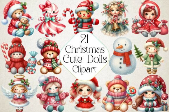 Christmas Cute Dolls Clipart for Festive Illustrations