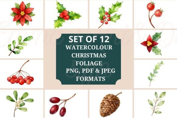 Christmas Foliage Watercolor Bundle: Illustrations