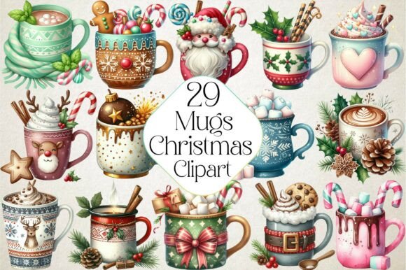Christmas Mugs Watercolor Clipart: Festive Illustrations