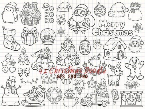 Cute Christmas Doodle Line Art Illustrations