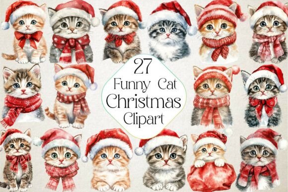 Funny Christmas Cat Watercolor Clipart & Illustrations