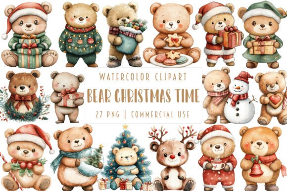 Kawaii Bear Christmas Clipart: Festive Illustrations