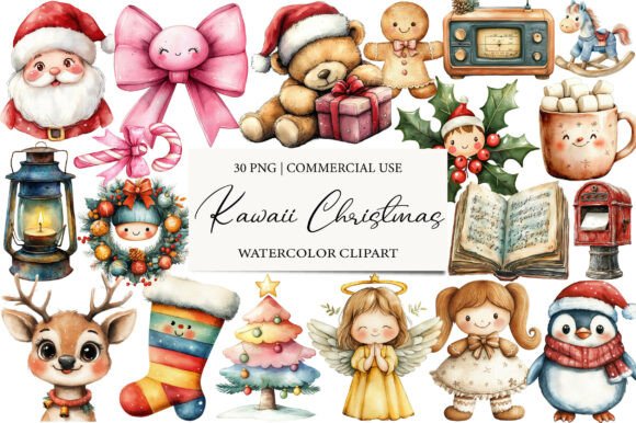 Kawaii Vintage Christmas Clipart Bundle: Illustrations for Branding