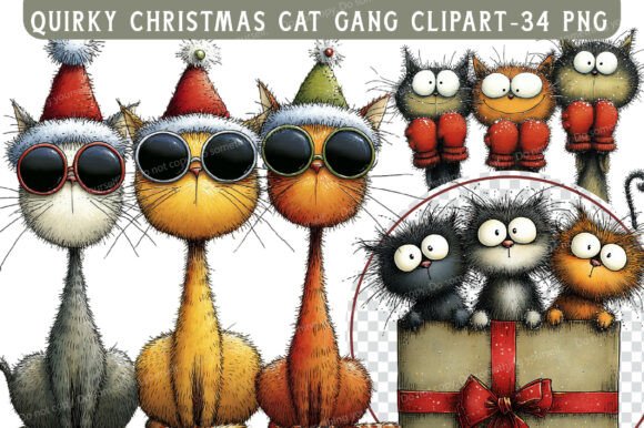Quirky Christmas Cat Gang Clipart: Festive Illustrations