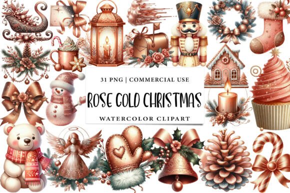 Rose Gold Christmas Clipart: Premium Illustrations