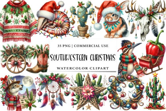 Southwestern Christmas Watercolor Clipar Illustrations