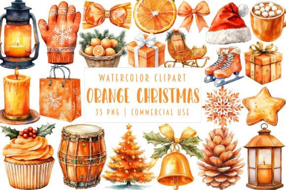 Watercolor Orange Christmas Clipart for Illustrations